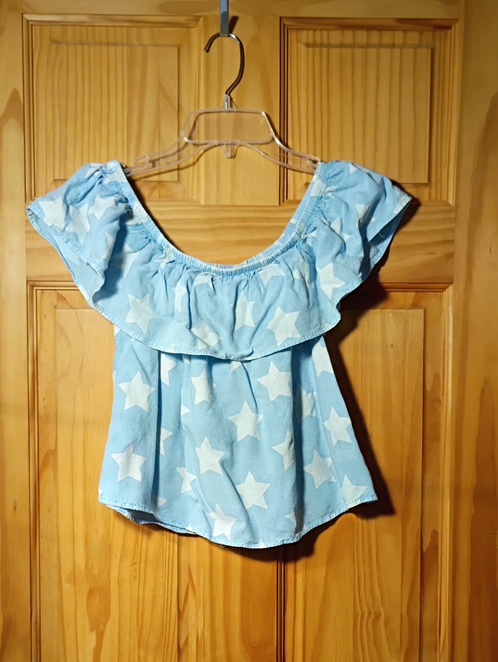 Light Blue Star Print Off-Shoulder Ruffle Tunic